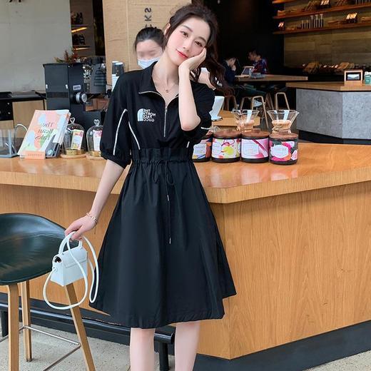 XP-LWQY8061新款韩版时尚气质休闲抽绳收腰翻领短袖中长款连衣裙 商品图2