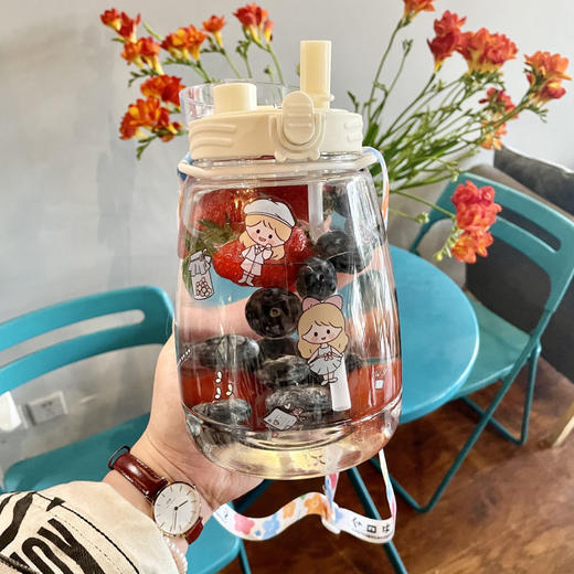 【双饮带吸管水瓶】可爱学生水壶居家日用餐饮用具塑料大容量布丁水杯子女 商品图2