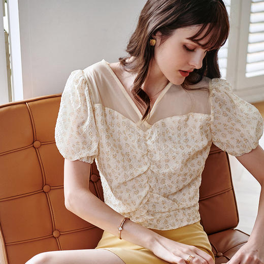 欧芮儿碎花雪纺衫女2021夏宽松显瘦气质优雅拼接抽褶短款法式小衫 商品图2
