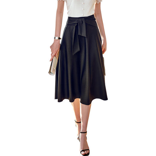 欧芮儿高腰黑色半身裙女2021新款系带收腰中长款设计感A字裙 商品图3