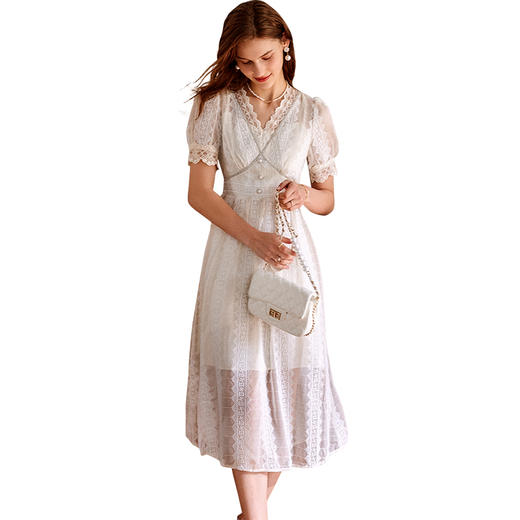 欧芮儿蕾丝连衣裙2021新夏收腰显瘦复古重工V领拼接气质优雅A字裙 商品图3