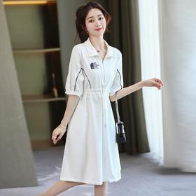 XP-LWQY8061新款韩版时尚气质休闲抽绳收腰翻领短袖中长款连衣裙