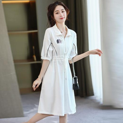 XP-LWQY8061新款韩版时尚气质休闲抽绳收腰翻领短袖中长款连衣裙 商品图0