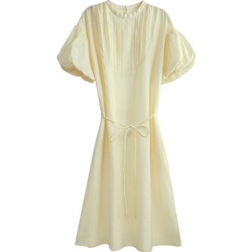 欧芮儿浅黄色连衣裙女2021收腰显瘦气质压褶设计感系带长裙子 商品图3