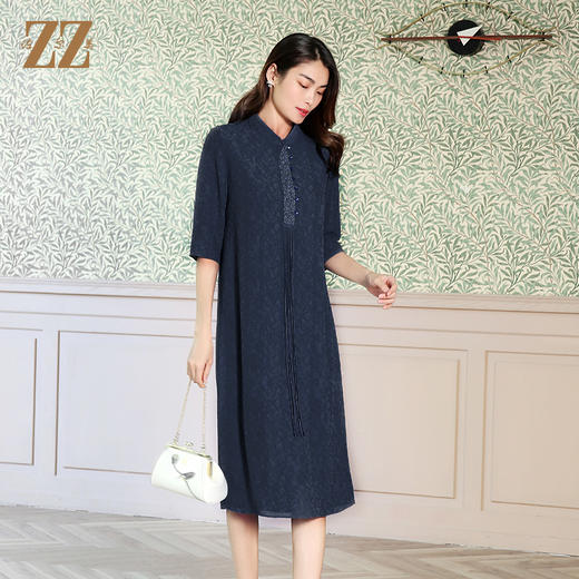 佐尔美夏季新款国风中袖复古优雅桑蚕丝真丝连衣裙E12LS62 商品图3