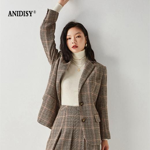 羊毛复古大格子翻领长袖单排扣宽肩西装外套 商品图1