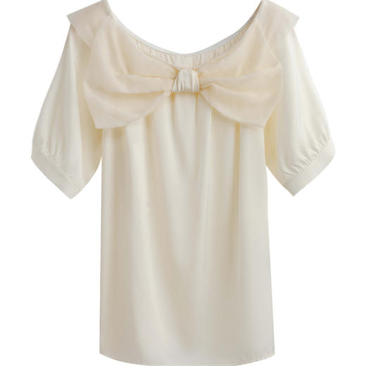 欧芮儿米白色雪纺衫女2021新夏宽松显瘦时尚大蝴蝶结拼纱短袖小衫 商品图3