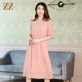 佐尔美夏季新款V领蕾丝花边腰带桑蚕丝真丝连衣裙E12LS50