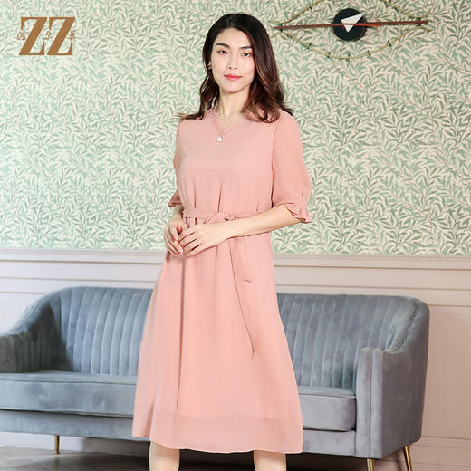 佐尔美夏季新款V领蕾丝花边腰带桑蚕丝真丝连衣裙E12LS50 商品图0