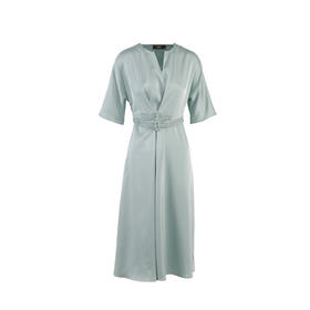 腰部装饰包扣简约V领连衣裙