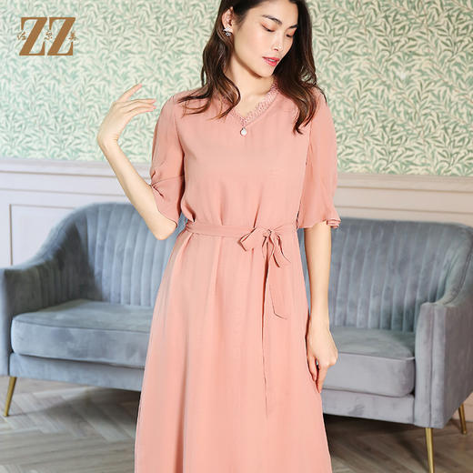 佐尔美夏季新款V领蕾丝花边腰带桑蚕丝真丝连衣裙E12LS50 商品图1