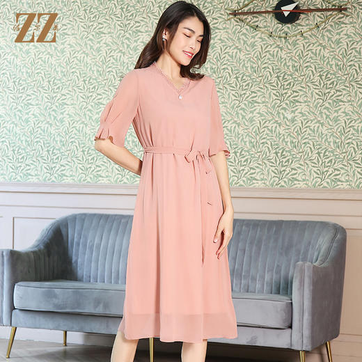 佐尔美夏季新款V领蕾丝花边腰带桑蚕丝真丝连衣裙E12LS50 商品图2