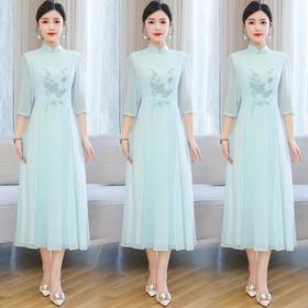 XYA022 新款汉服中国风长裙雪纺绣花改良民国风雪纺连衣裙中式禅茶服