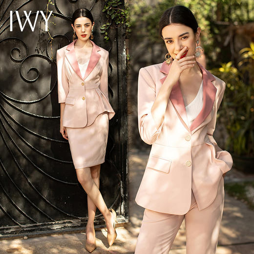 IWY/粉色职业西装套裙七分袖不对称衣摆设计收腰显瘦时尚气质艺考CS1329 商品图4