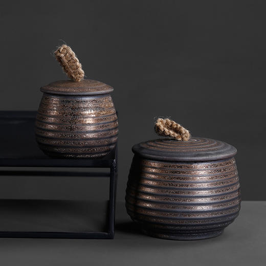 粗陶鎏金螺纹茶叶罐密封复古创意普洱茶存放罐家用装茶叶容器 商品图0