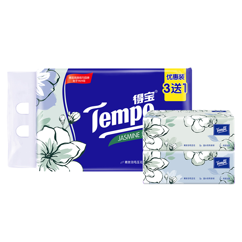 得宝（Tempo）软抽纸茉莉花味4层90抽4包抽纸餐巾纸（新旧包装随机发货）