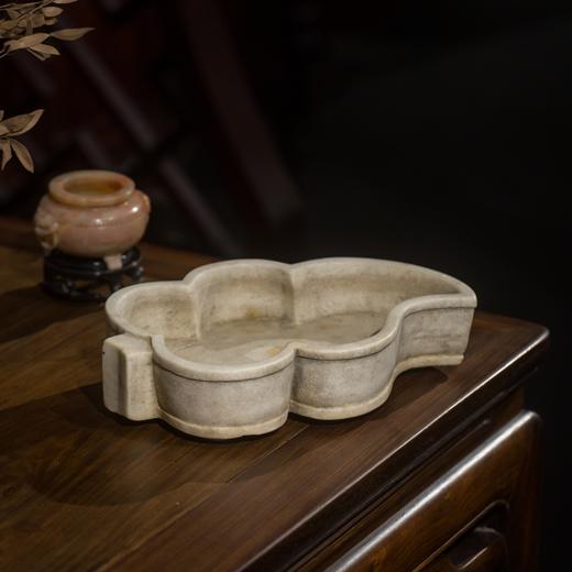 清代 汉白玉树叶形石盆 商品图0