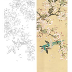 竖幅工笔花鸟白描底稿-喻继高-梨花《早春二月》-多种白描尺寸可选-A055