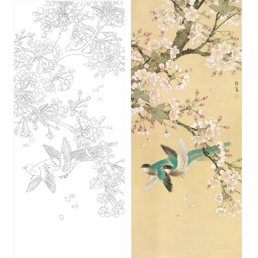 竖幅工笔花鸟白描底稿-喻继高-梨花《早春二月》-多种白描尺寸可选-A055 商品图0