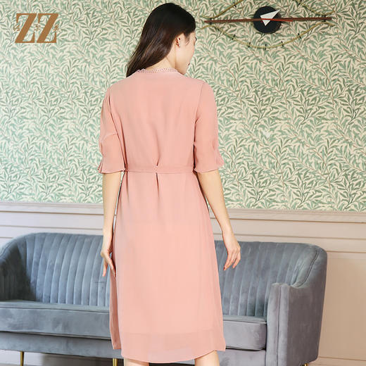 佐尔美夏季新款V领蕾丝花边腰带桑蚕丝真丝连衣裙E12LS50 商品图4