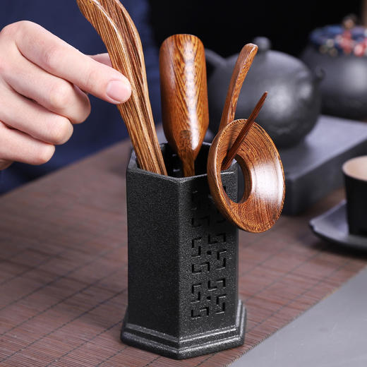 粗陶茶道六君子鸡翅木实木茶夹子茶艺组合整套摆件复古茶具零配件 商品图1
