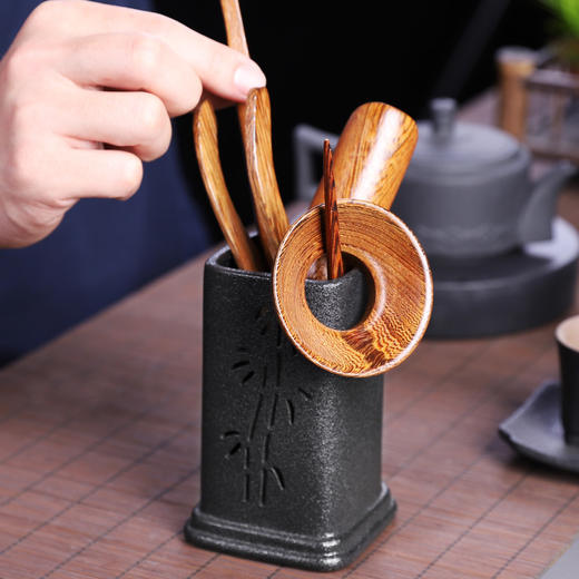 粗陶茶道六君子鸡翅木实木茶夹子茶艺组合整套摆件复古茶具零配件 商品图0