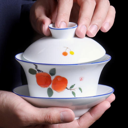 德化白瓷手绘三才杯盖碗茶杯功夫泡茶碗300ml特大号家用陶瓷单个 商品图2