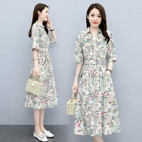 JXYR9060 2021夏季新款简约优雅气质小翻领时尚休闲收腰显瘦连衣裙 （配腰带）
