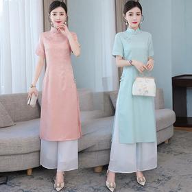XY9181 2021夏季新款女装连衣裙改良旗袍复古禅意茶服阔腿裤两件套