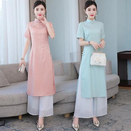 XY9181 2021夏季新款女装连衣裙改良旗袍复古禅意茶服阔腿裤两件套 商品图0