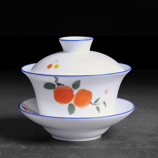 德化白瓷手绘三才杯盖碗茶杯功夫泡茶碗300ml特大号家用陶瓷单个 商品图1