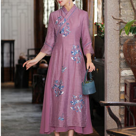 上海旗袍厂KDS-2153早秋女装新款宽松休闲文艺天丝提花刺绣禅意茶服中长连衣裙