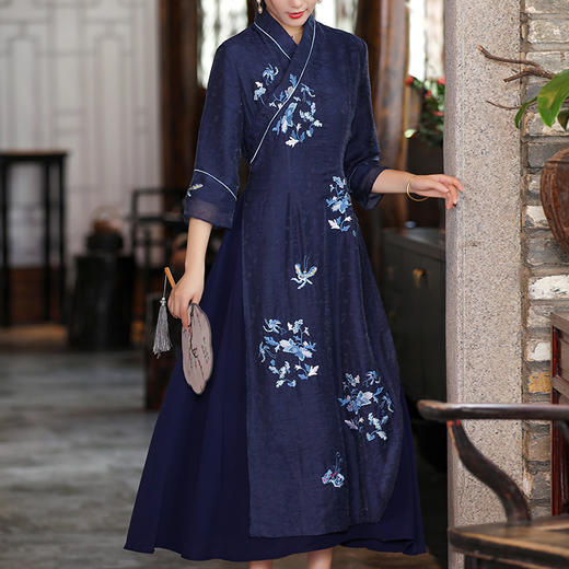上海旗袍厂KDS-2153早秋女装新款宽松休闲文艺天丝提花刺绣禅意茶服中长连衣裙 商品图1