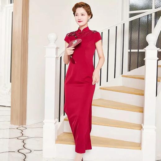 DLQ-A2998新款优雅气质修身显瘦立领短袖长款刺绣礼服裙 商品图0