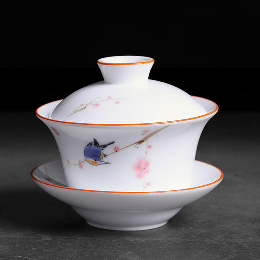 德化白瓷手绘三才杯盖碗茶杯功夫泡茶碗300ml特大号家用陶瓷单个 商品图0