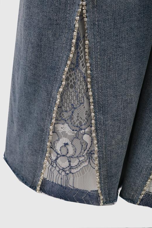手裤口开叉蕾丝钉珠DIY牛仔裤 商品图2