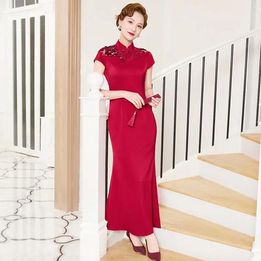 DLQ-A2998新款优雅气质修身显瘦立领短袖长款刺绣礼服裙 商品图1