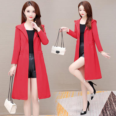 WE- XH-JKL138 薄款风衣外套女中长款2021秋新款修身长袖气质优雅时尚连帽大衣 商品图0
