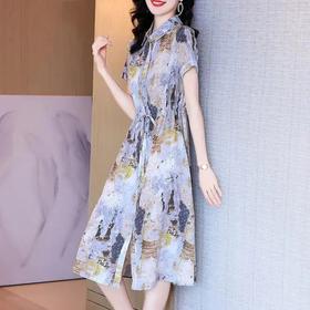 MQN210807新款时尚优雅气质收腰翻领短袖中长款真丝印花连衣裙
