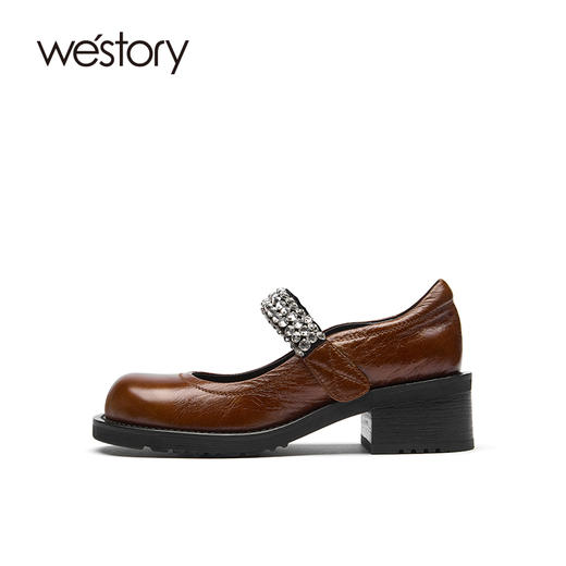 westory2021秋季新品气质钻链圆头粗跟玛丽珍女单鞋S21CE34571 商品图1