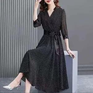 JXG -朵慕姿2021年新款夏季黑色雪纺长款连衣裙高端大码女装气质长裙 商品图4