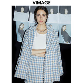 VIMAGE纬漫纪秋冬新款女装时尚气质毛呢外套双排扣开叉大衣VC2103212