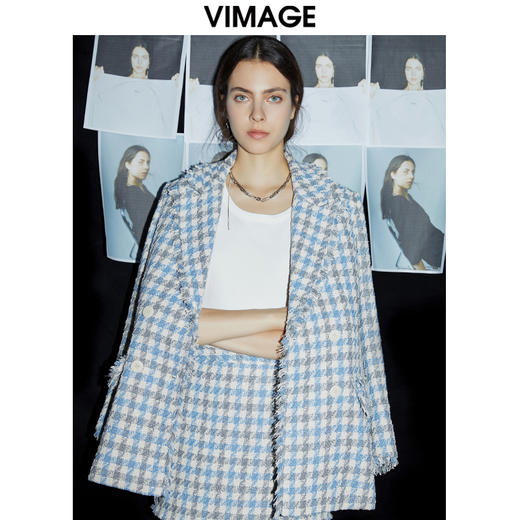 VIMAGE纬漫纪秋冬新款女装时尚气质毛呢外套双排扣开叉大衣VC2103212 商品图0