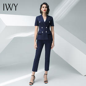 IWY/藏青色条纹短袖西装长裤套装团队职业装CP10215