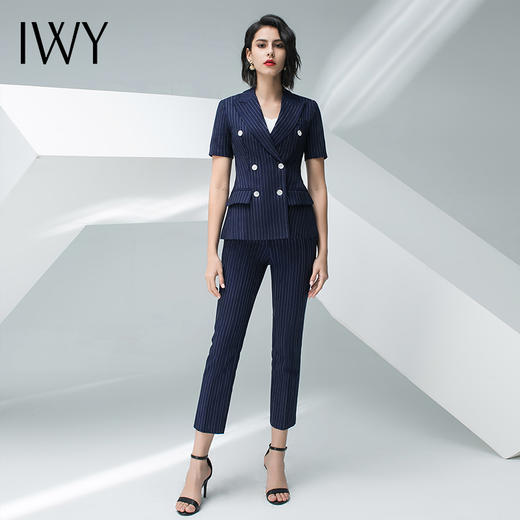 IWY/藏青色条纹短袖西装长裤套装团队职业装CP10215 商品图0