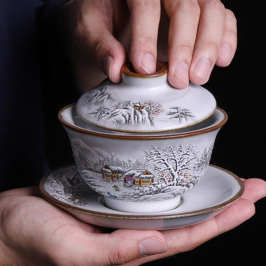 景德镇纯手绘复古汝窑盖碗茶杯纯手工三才盖碗家用泡茶礼盒装 商品图3