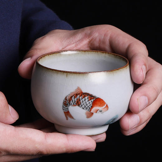 景德镇汝窑茶具单人手绘茶杯功夫茶杯陶瓷手工品茗锦鲤主人杯 商品图1