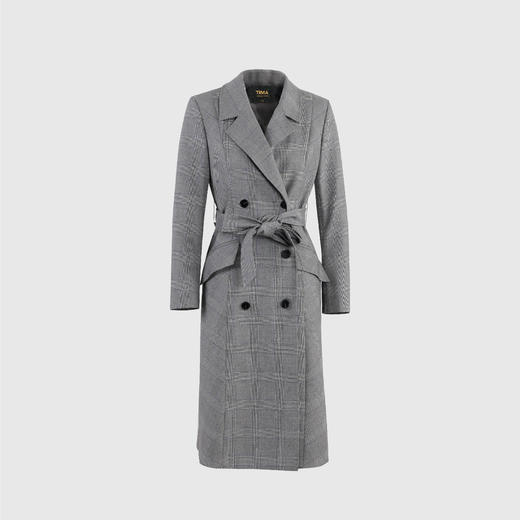 两侧开叉设计感格纹长风衣（附腰带） 商品图0