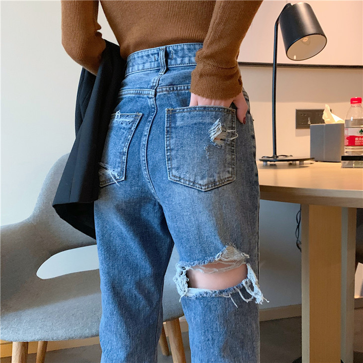 牛仔裤新款东大门破洞后面破直筒微喇叭宽松阔腿牛仔裤子女九分