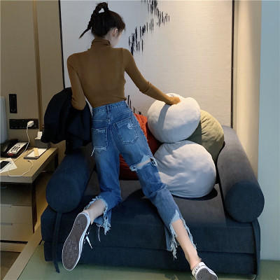 牛仔裤新款东大门破洞后面破直筒微喇叭宽松阔腿牛仔裤子女九分